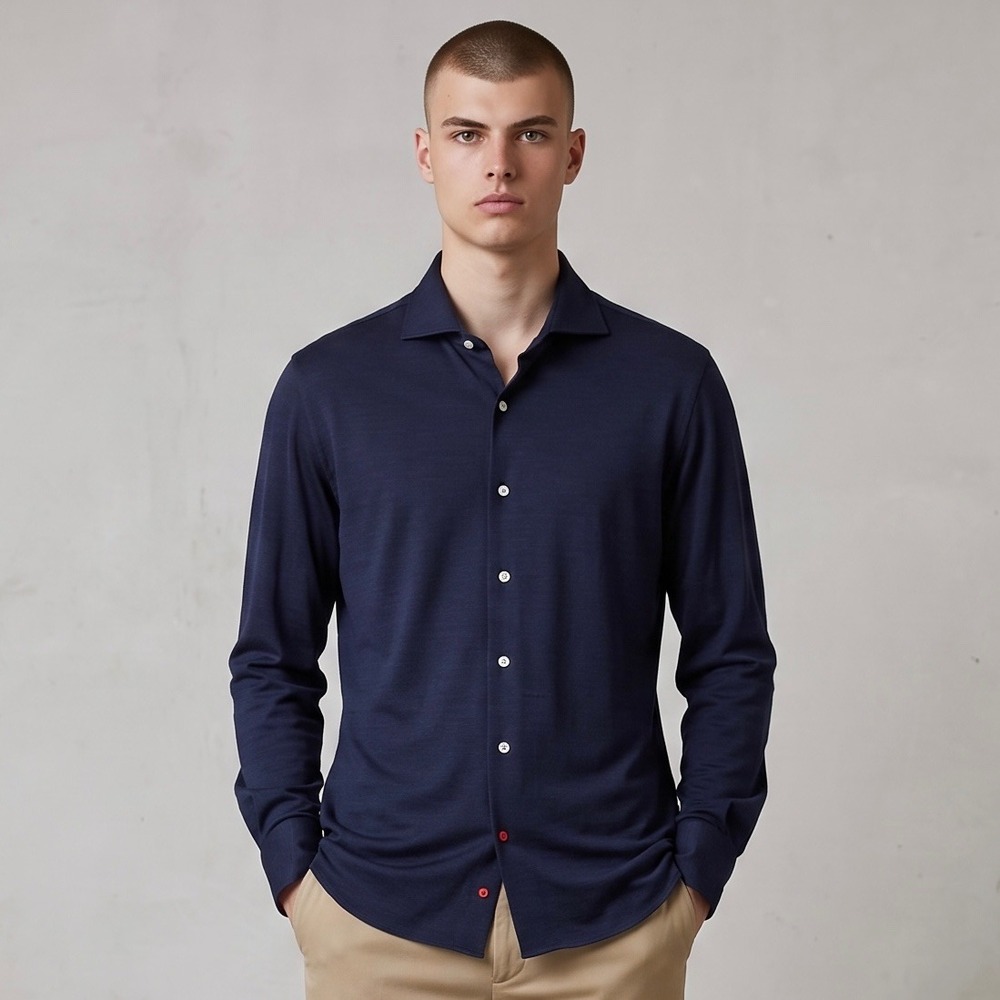 Isaia Napoli Shirt 18 45 XXL Navy Blue 100% Wool Knit Jersey Coral Button Italy